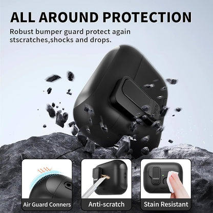 For Airpods Pro 3 Case(2025) with Secure Lock Clip, Automatic Pop-Up Full Drop Protective Hard Cover for Apple Airpod Pro 3Rd Generation with Lanyard & Cleaning Kit (Black-A)