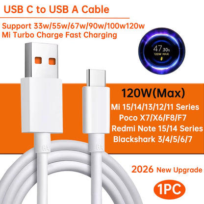 Ultra-Fast Original USB Type-C Cable for Xiaomi - 120W Turbo Charger Compatible with All Models