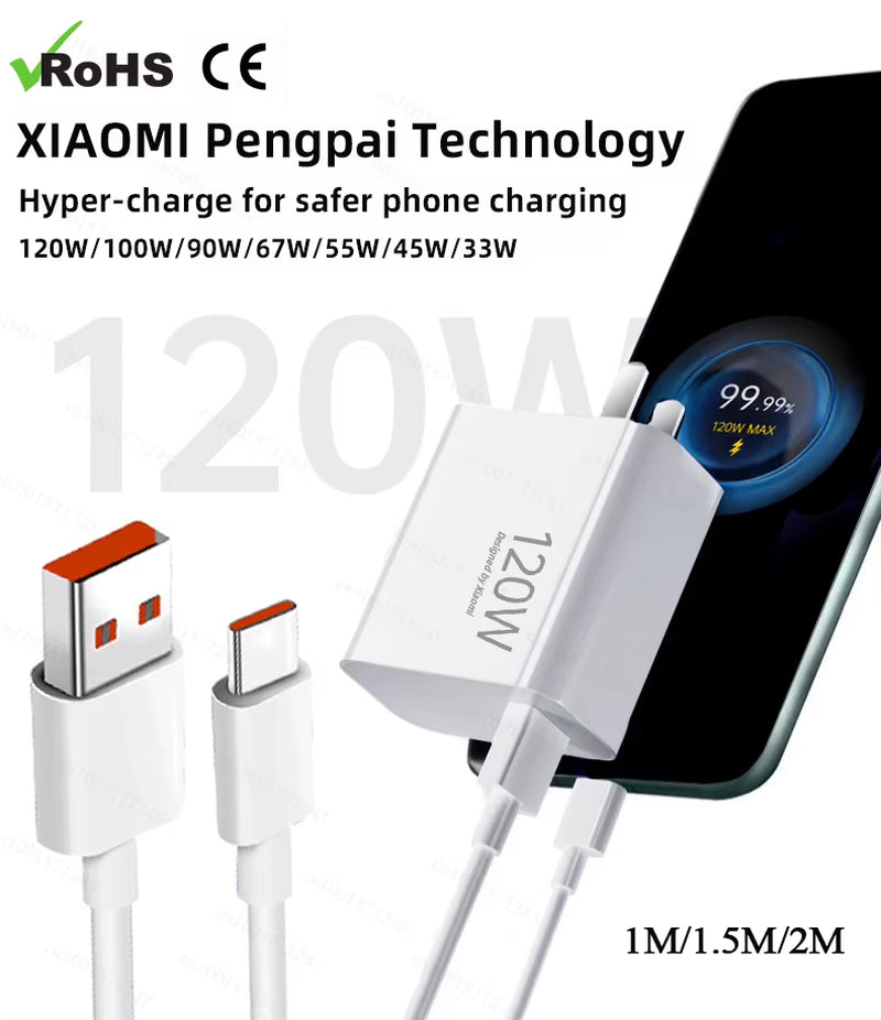 Ultra-Fast Original USB Type-C Cable for Xiaomi - 120W Turbo Charger Compatible with All Models