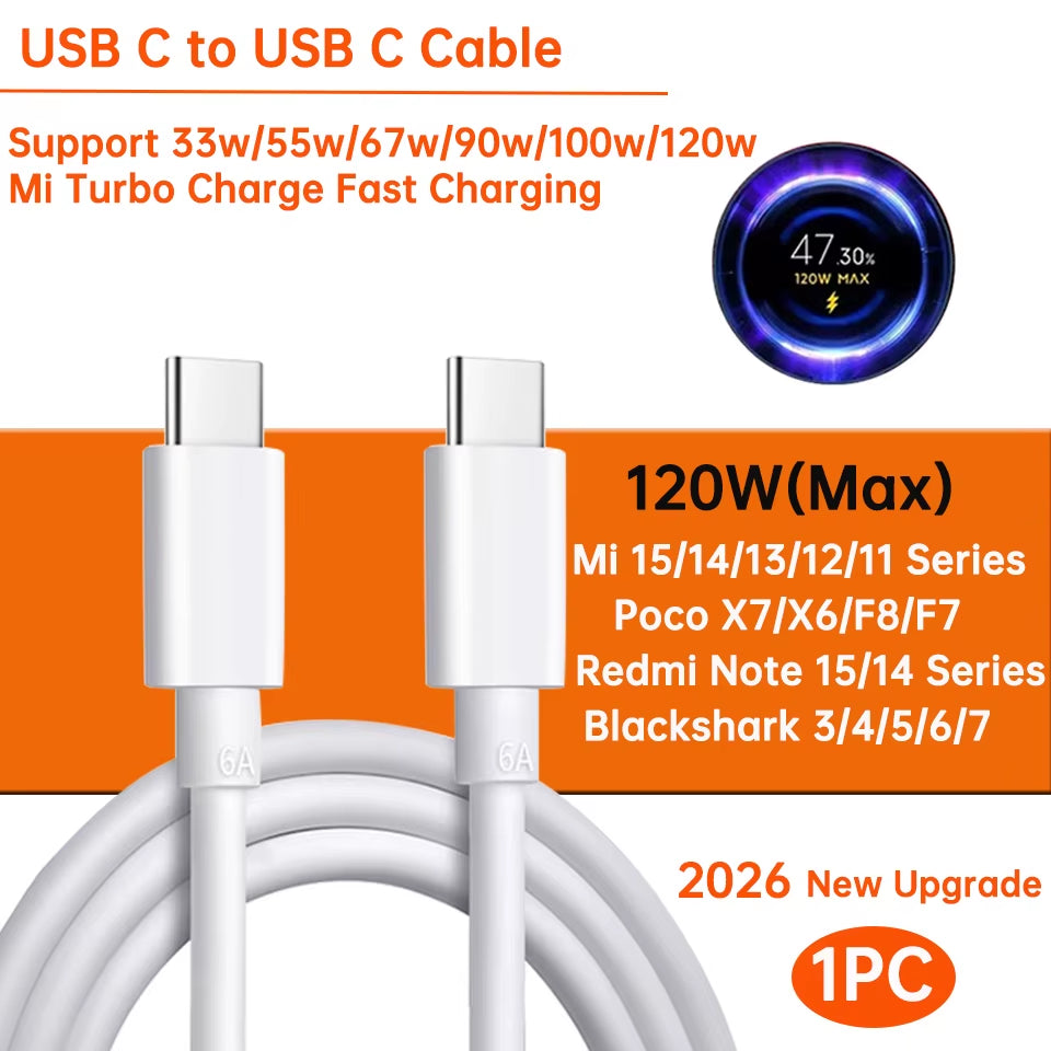 Ultra-Fast Original USB Type-C Cable for Xiaomi - 120W Turbo Charger Compatible with All Models