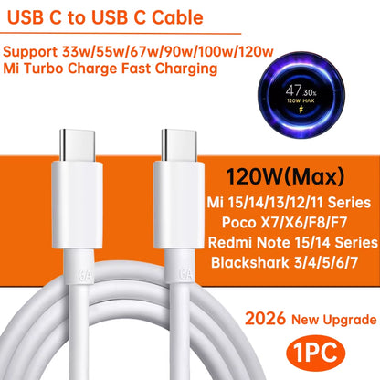 Ultra-Fast Original USB Type-C Cable for Xiaomi - 120W Turbo Charger Compatible with All Models